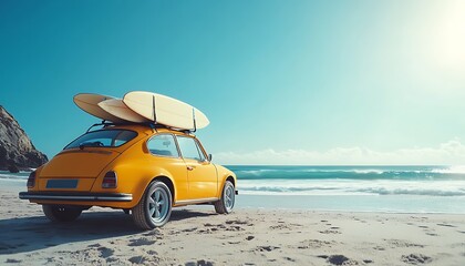 Yellow vintage car with surfboards on beach. (1)