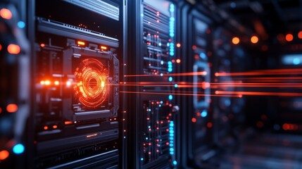 Obraz premium Futuristic Server Room Action Featuring Data Processing Technology in a High-Tech Environment
