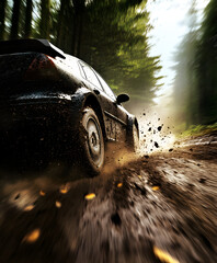 A rally car speeding through a forest track, the car kicking up mud and leaves as it powers through the path.


