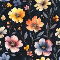 Floral Pattern Watercolor Flowers Dark Background Vintage Botanical Illustration Provence Style