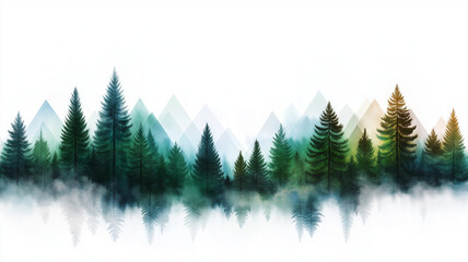 Obraz premium serene landscape featuring watercolor illustration of forest with tall trees and misty mountains in background. colors blend harmoniously, creating tranquil atmosphere