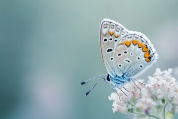 Obraz premium A beautiful blue butterfly sits upon a delicate floral bloom