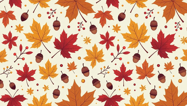autumn vector pattern features leaves berries acorns seamless flat design warm colors intricate