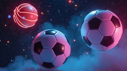 Fototapeta premium Basketball and soccer balls floating in colorful cosmic background, creating vibrant and dynamic atmosphere