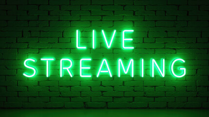 Obraz premium Live streaming neon sign glowing against dark brick wall, creating vibrant atmosphere