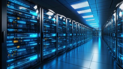 Fototapeta premium Modern Data Center Server Room High-Tech Facility Digital Infrastructure Urban Environment Wide Angle View Efficiency and Innovation