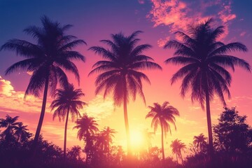 Obraz premium Tropical Sunset with Palm Trees Silhouette against Vibrant Sky Background and Bokeh Light Effects