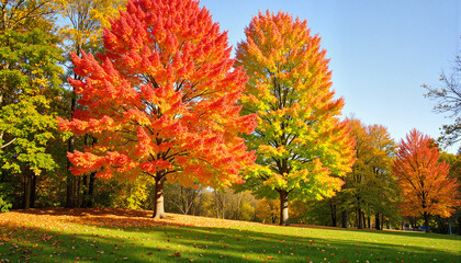 Fototapeta premium Vibrant autumn trees displaying seasonal colors in sunny park, nature's beauty