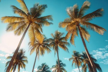 Tropical Palm Trees Against Bright Blue Sky and Clouds Relaxing Beach Vacation Paradise