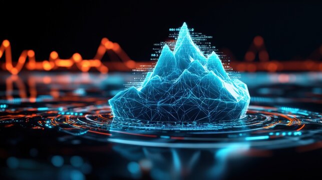 A Glowing Blue Digital Mountain Range on a Circular Technological Interface Set Against Blurred Orange Graphs and a Dark Background for Futuristic Themes - Powered by Adobe