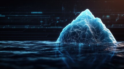 A Stylized Digital Rende of a Glowing Blue Iceberg Partially Submerged in Dark Water with Abstract Digital Data Streams in the Background