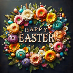 A festive &ldquo;Happy Easter&rdquo; lettering surrounded by an ornate floral wreath