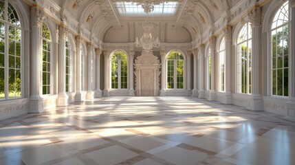 Sunlit Grand Ballroom Featu Tall Arched , Ornate White Columns, Crystal Chandelier, and Stunning Marble Floor for Elegant Events and Gathes