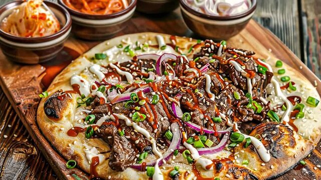 Korean fusion pizza with marinated beef on crispy flatbread with traditional banchan. Concept of global cuisine, bold flavors, creative street food. Perfect for food blogs and restaurant branding