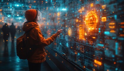 Businessman Using Holographic Touchscreen to Analyze Digital Data in Modern Office Setting with Global Performance Metrics and Innovative Technology