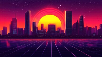 Retro Futuristic City Sunset Skyline