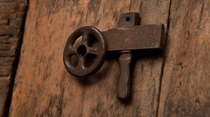 Vintage iron key on rustic wooden door, showcasing intricate design and historical charm