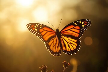 Fototapeta premium A beautiful butterfly with orange wings is floating gracefully in sunlight