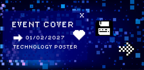 Vector illustration with scattered blue pixels on dark background. Technology-themed poster or cover for an event.