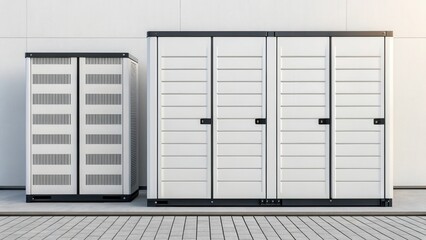 A modern arrangement of storage units displayed in a sleek, minimalistic environment, showcasing clean lines and a contemporary aesthetic.