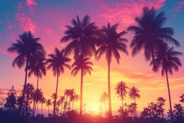 Silhouette of Tropical Palm Trees at Sunset with Scenic Bokeh Light Leaks in Dreamy Summer Sky