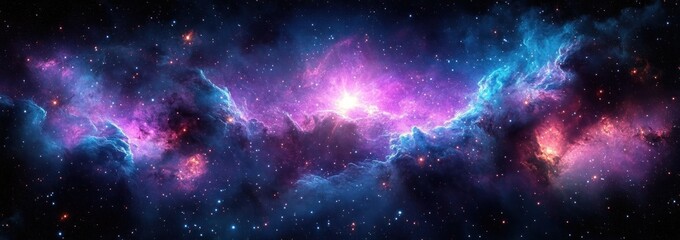 Naklejka premium Vivid Cosmic Nebula and Stars in Deep Space with Vibrant Purple Blue Hues and Glowing Pink Highlights