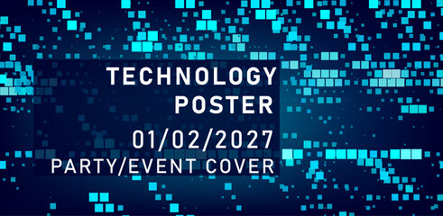 Vector illustration with scattered blue pixels on a dark background. Technology-themed poster or cover for an event.