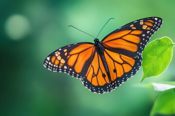 Fototapeta premium A vibrant orange and black butterfly perched on a green leaf