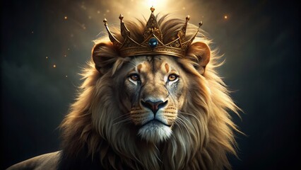 Naklejka premium Majestic Lion in Golden Crown - Low Light Photography Stock Image