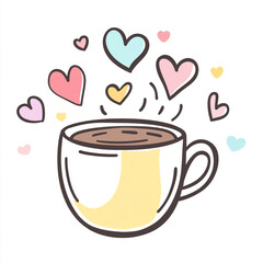 A mug emits steam, surrounded by floating hearts on a white background, exuding warmth and charm in a simple, colorful illustration.