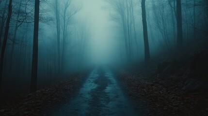 Naklejka premium Misty forest path in twilight