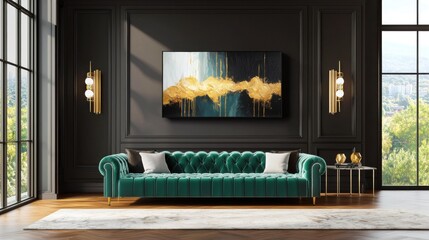 Fototapeta premium Dark elegant Art Deco living room, rich mocha walls, brass sconces, emerald tufted sofa, abstract dark painting, golden sunset view