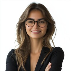 Obraz premium Smiling young woman with long brown hair and glasses, exuding confidence and warmth against a light background.