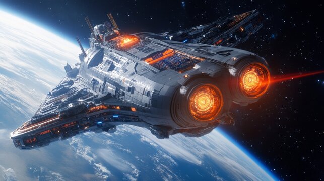 Futuristic Spaceship Orbiting Earth Sci-Fi Adventure Outer Space High-Tech Environment Dynamic Viewpoint