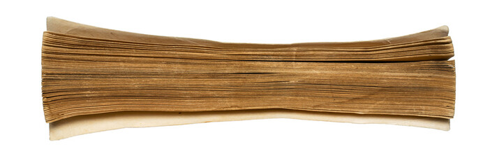book side view of its pages, old worn out book, isolated on white background