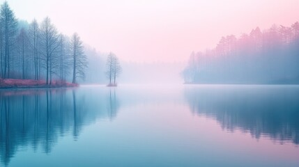Fototapeta premium Serene misty lake reflecting pastel sunrise, bare trees on shores.