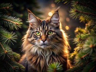 Fototapeta premium Majestic Maine Coon Cat in Sun-Dappled Pine Trees - Low Light Photography