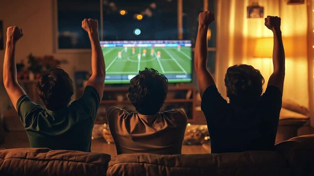 Back view of men watching a soccer match together on TV, cheering for their team in a living room at night. Atmosphere for a game night	