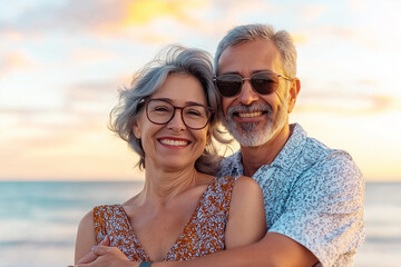 Obraz premium joyful senior couple embraces at beach, radiating happiness against beautiful sunset backdrop. Their smiles reflect love and companionship, creating warm and inviting atmosphere