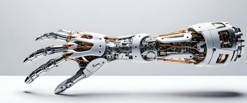 Futuristic Bionic Arm with Glowing Circuits Extending Over a White Background