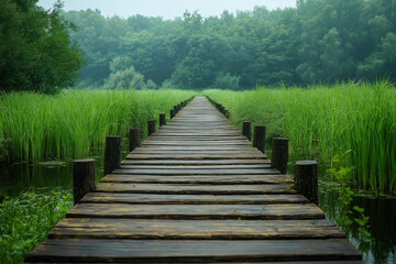 Obraz premium Wooden path. Empty ecological path among tall grass and swamp. Ecological improvement concept.