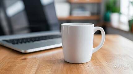 White Coffee Mug on Wooden Desk with Laptop