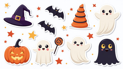 cute halloween elements include hat ghosts bats candy spooky items perfect stickers illustrations parties