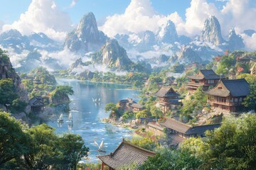 Fototapeta premium Tranquil Oriental Landscape with Mountain Village.