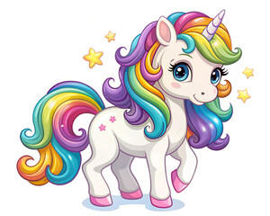 Cute unicorn with rainbow hair. Cute unicorn cartoon isolated on white background.
