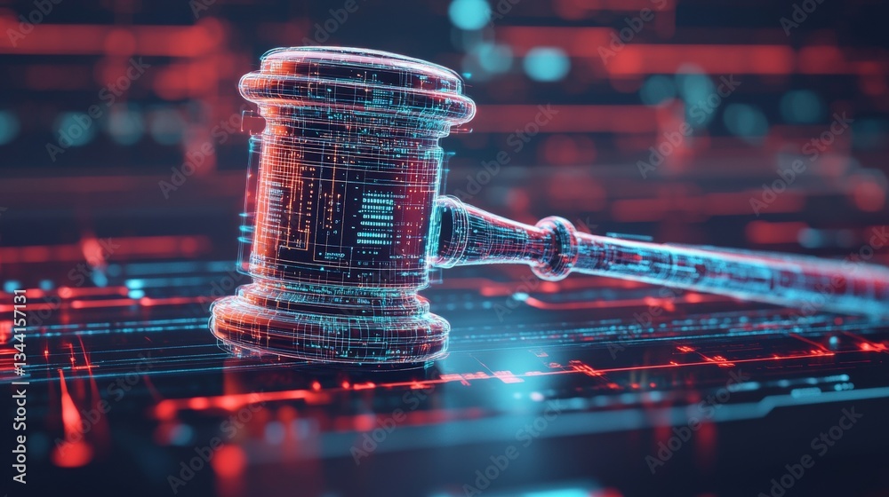 Poster digital rende of a judge's gavel made of glowing code lines rests on a circuit board depicting the i