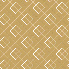 Abstract geometric pattern with squares, crosses, stripes, lines. Seamless vector background. White and gold ornament. Modern reticulated graphic design.