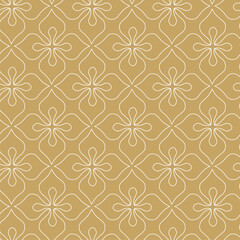 Abstract geometric pattern with squares, crosses, stripes, lines. Seamless vector background. White and gold ornament. Modern reticulated graphic design.