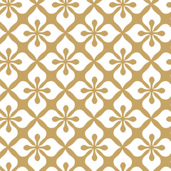 Abstract geometric pattern with squares, crosses, stripes, lines. Seamless vector background. White and gold ornament. Modern reticulated graphic design.