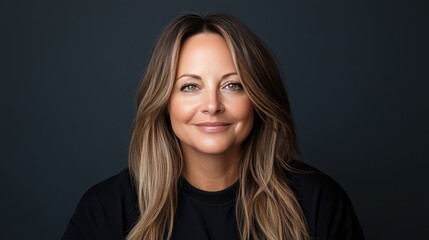 Fototapeta premium A 50-year-old woman with long brown hair poses in a studio, showcasing refined beauty with soft shadows and low contrast